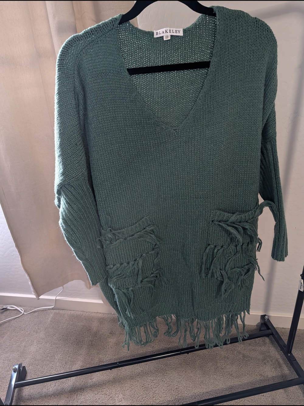 Green V-Neck Fringe Knit Poncho